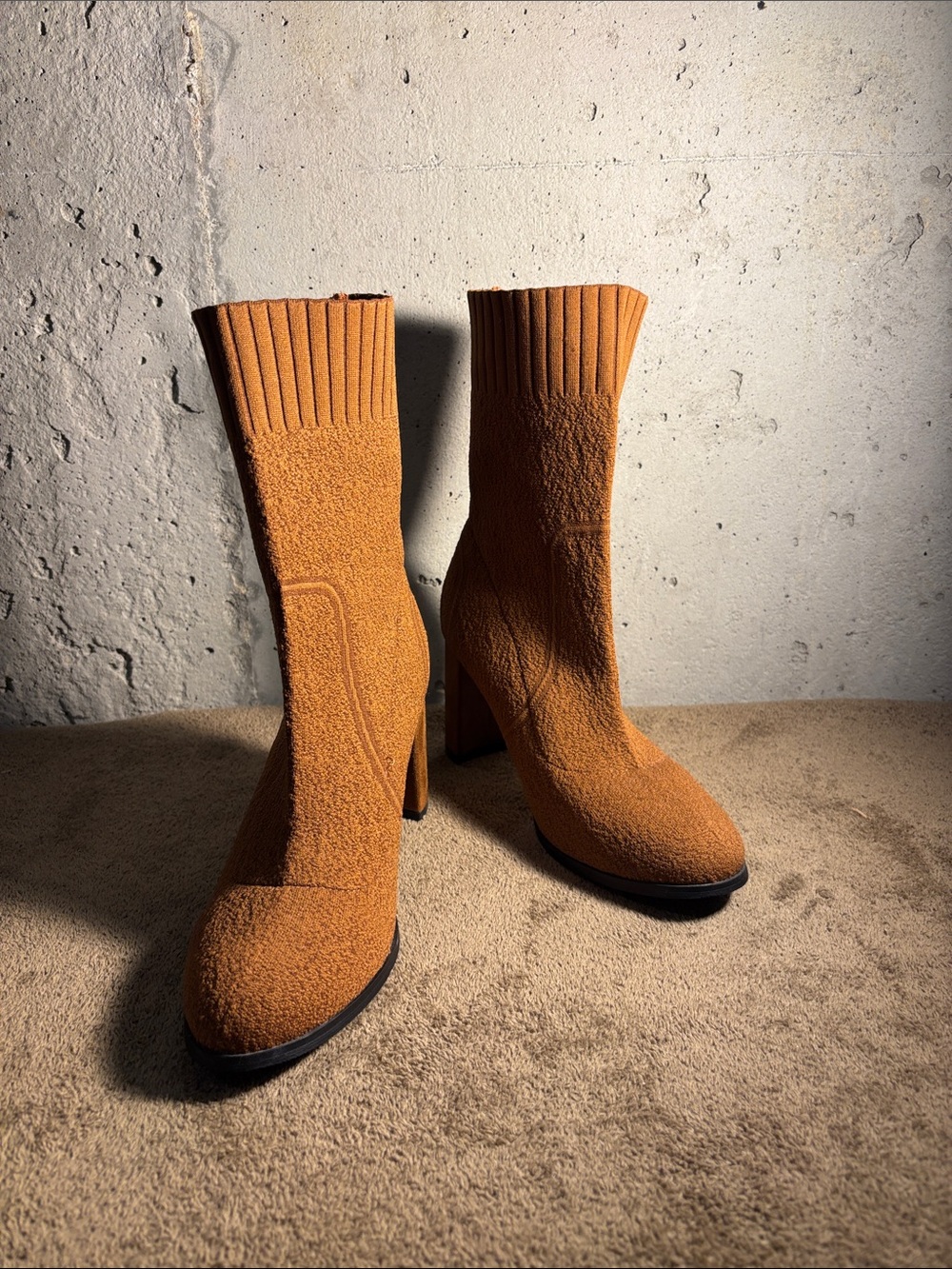Cuccoo Brown Knit Round Toe Sock Ankle Boots - Size 7